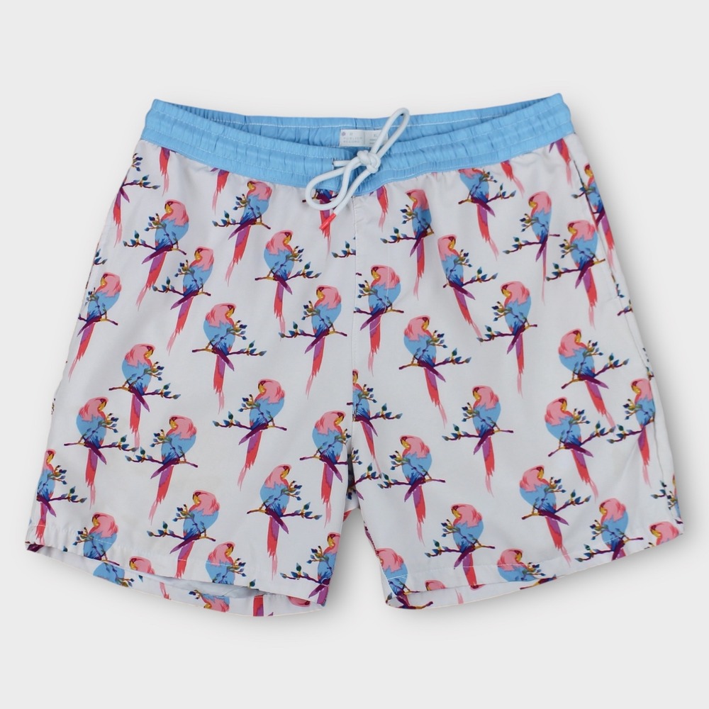 Public Record XL Swim Trunks‎ Parrot Print Blue Waistband Beach Shorts